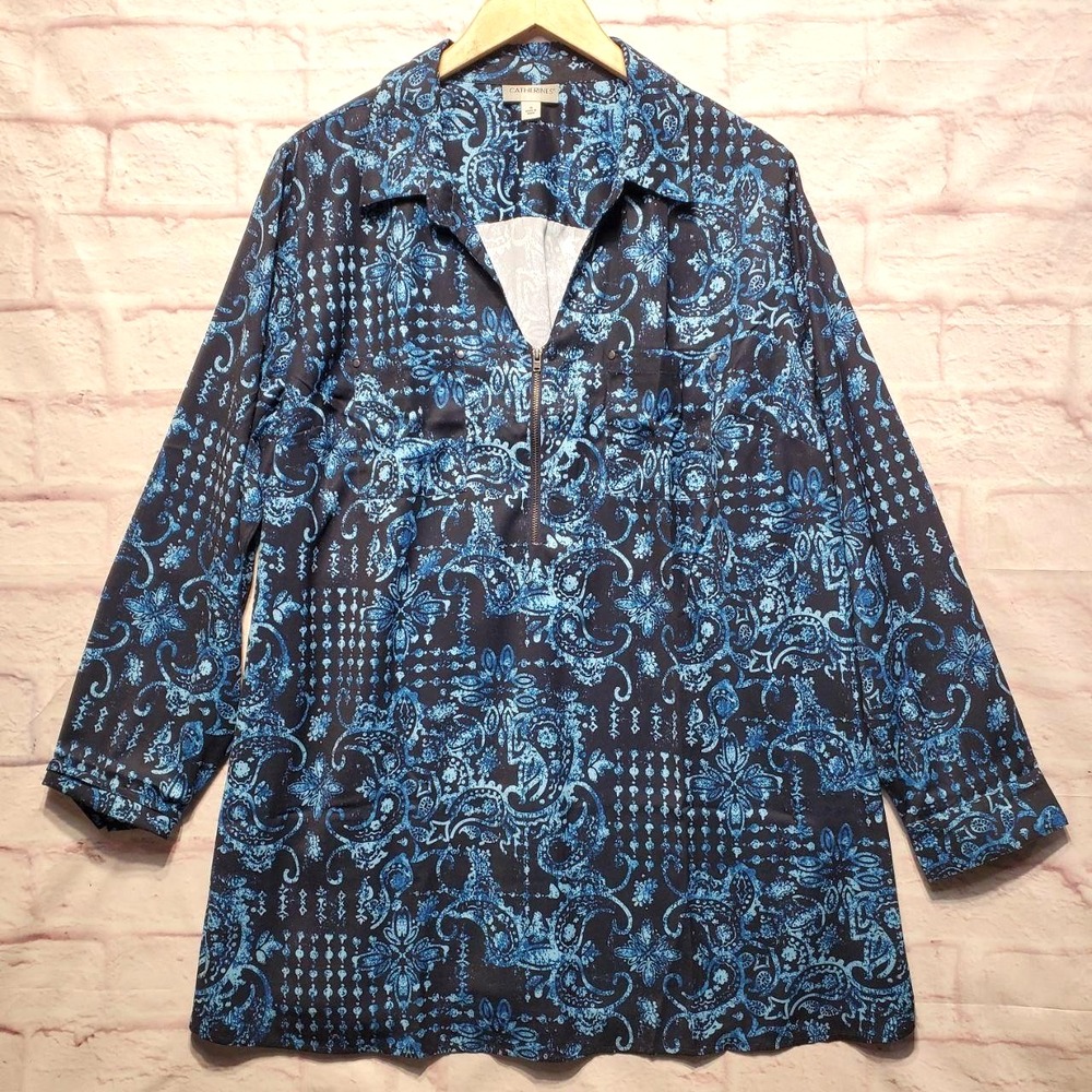Catherines Shirt Womens 1X Blue Paisley Half Zip Collared Long Sleeve Tunic‎ Top